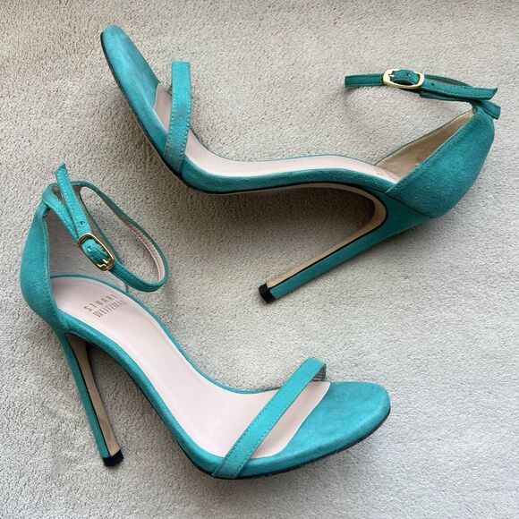 Stuart Weitzman Nudist Turquoise Teal Suede Stiletto Heeled Sandals Women 5 M - Picture 1 of 16